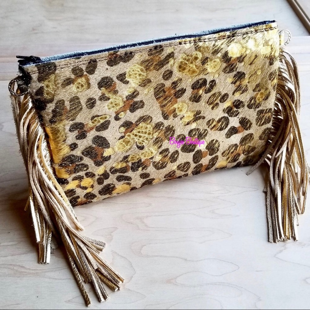Handmade Gold Leopard Hair on Hide Leather Clutch